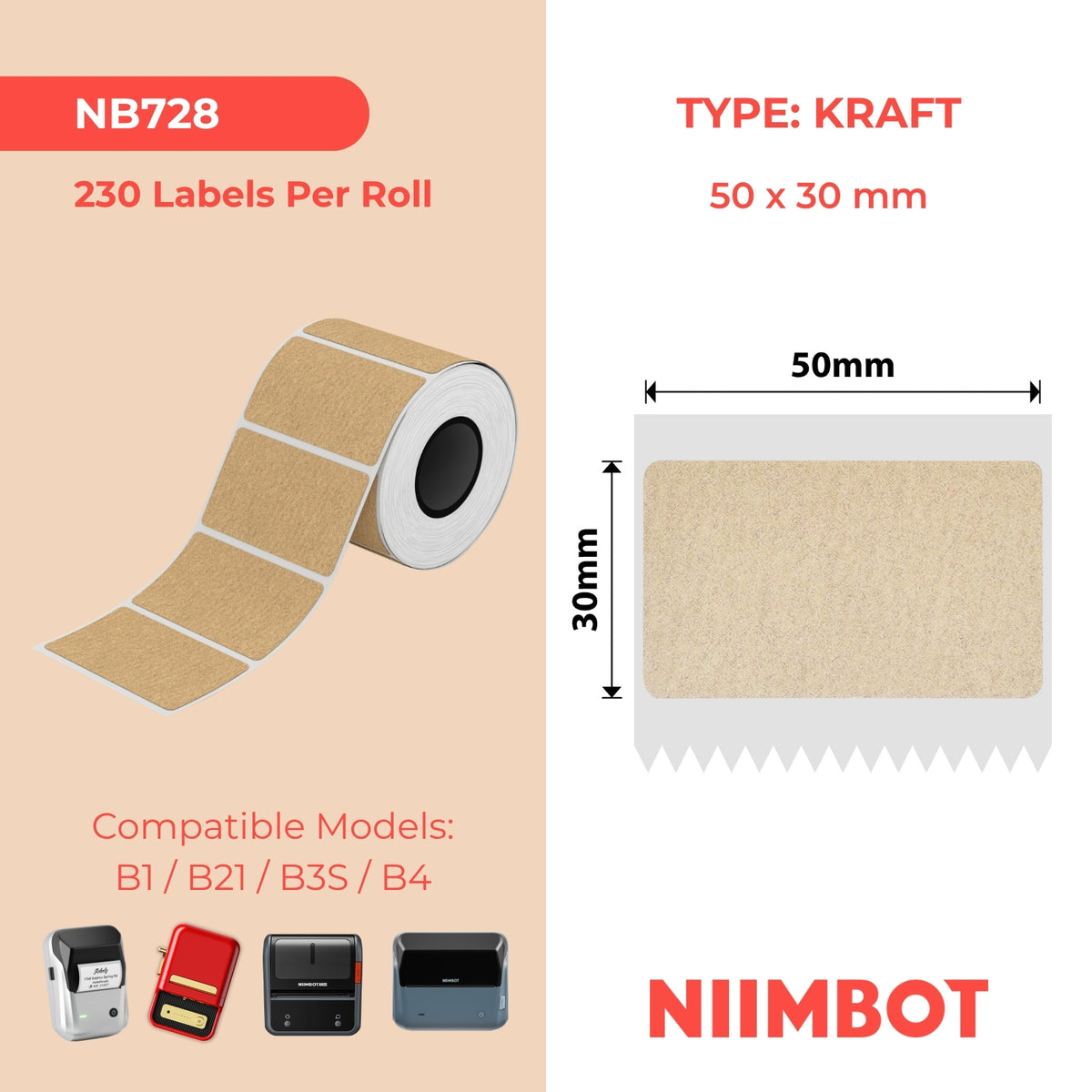 NIIMBOT - B Range - 50x30mm - Kraft - 230 Labels
