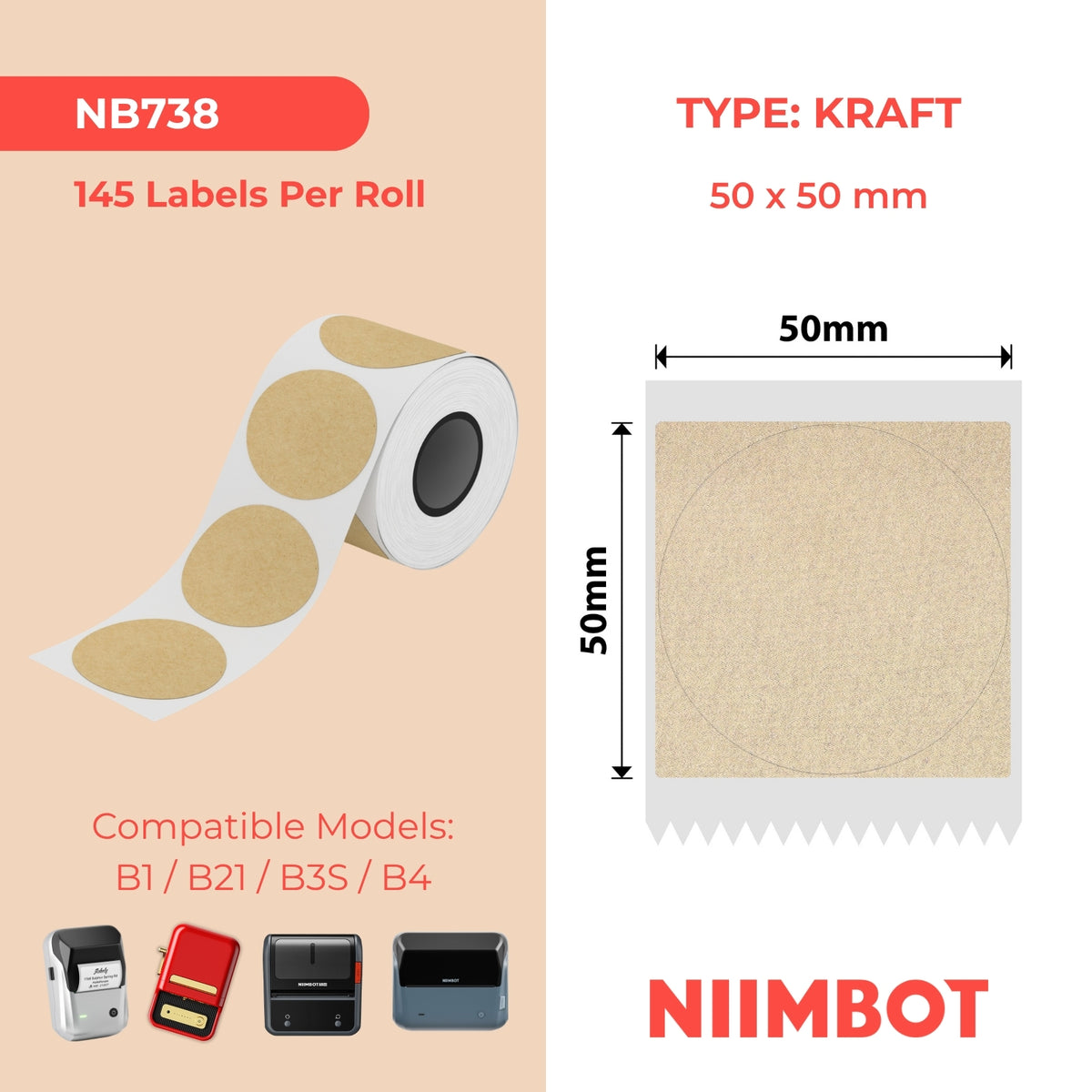 NIIMBOT - B Range - 50x50mm - Kraft - 145 Labels