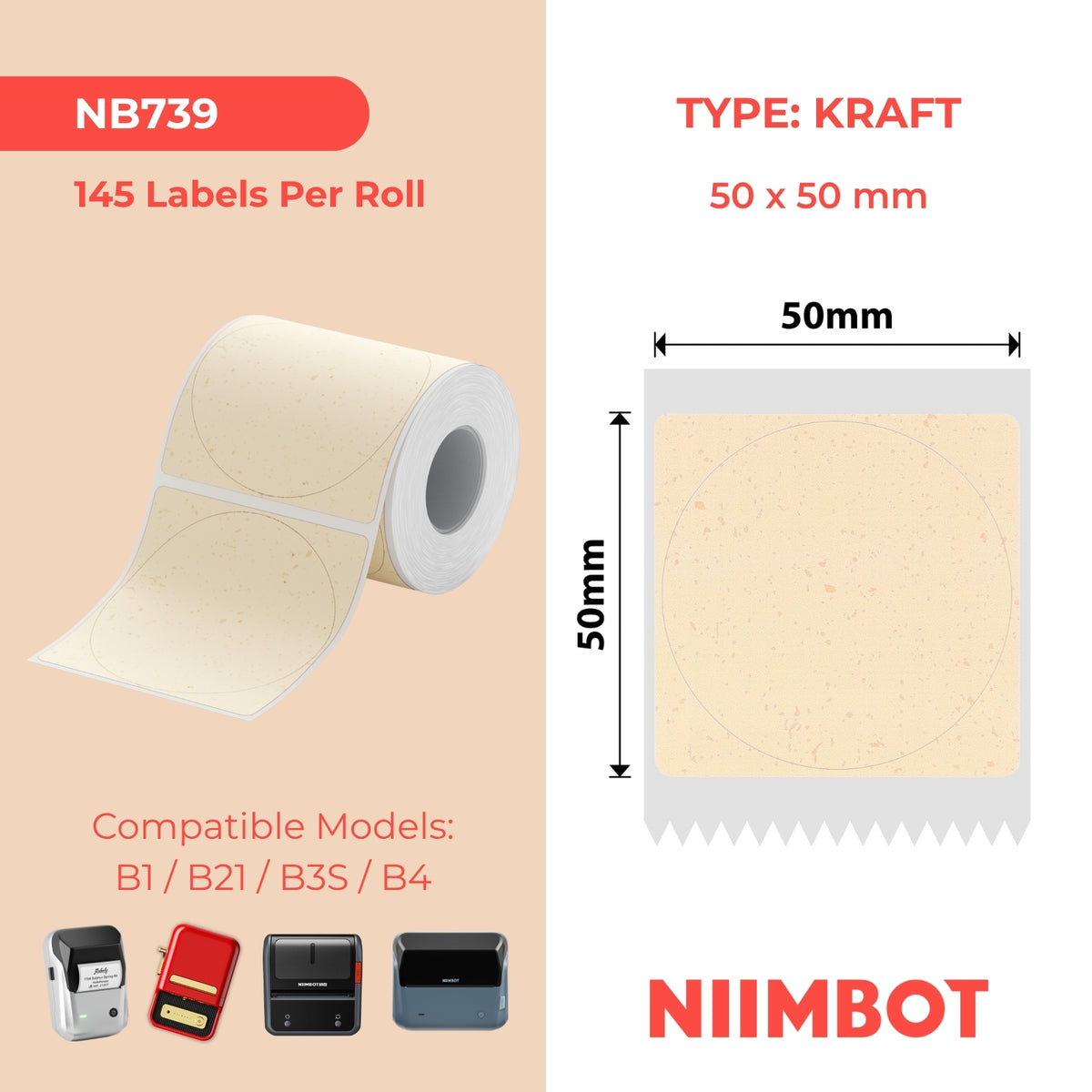 NIIMBOT - B Range - 50x50mm - Kraft - 145 Labels