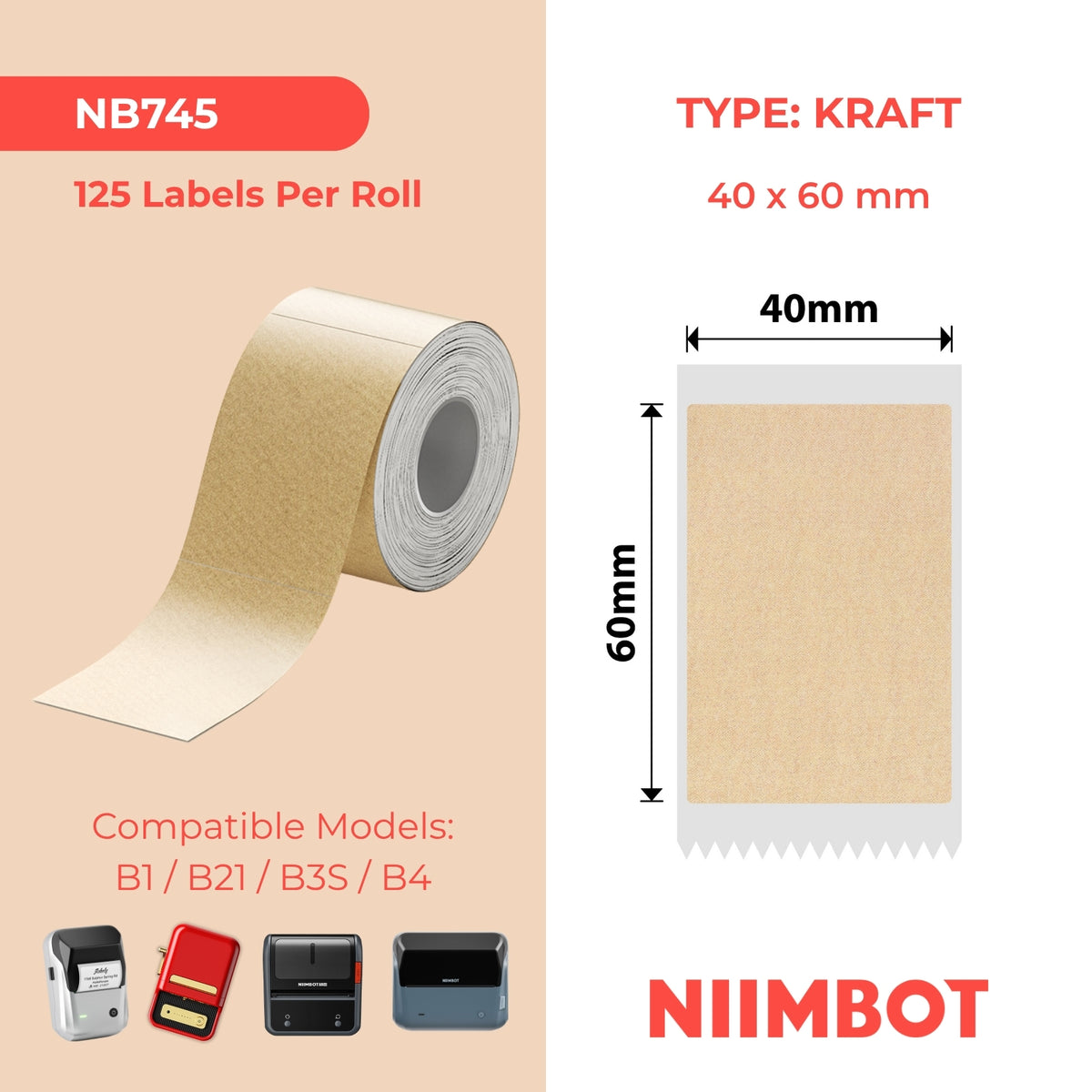 NIIMBOT - B Range - 40x60mm - Kraft - 125 Labels