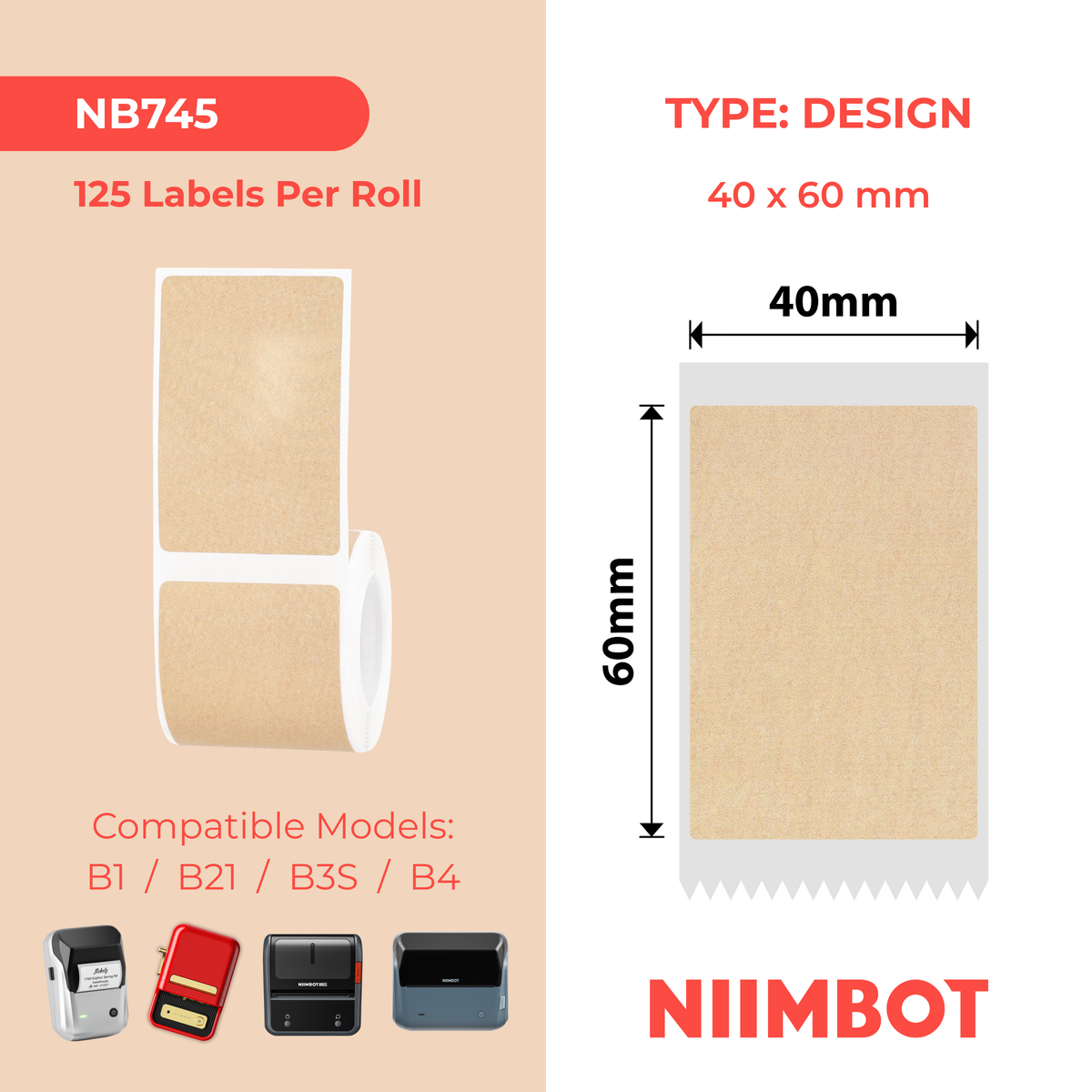 NIIMBOT - B Range - 40x60mm - Kraft - 125 Labels
