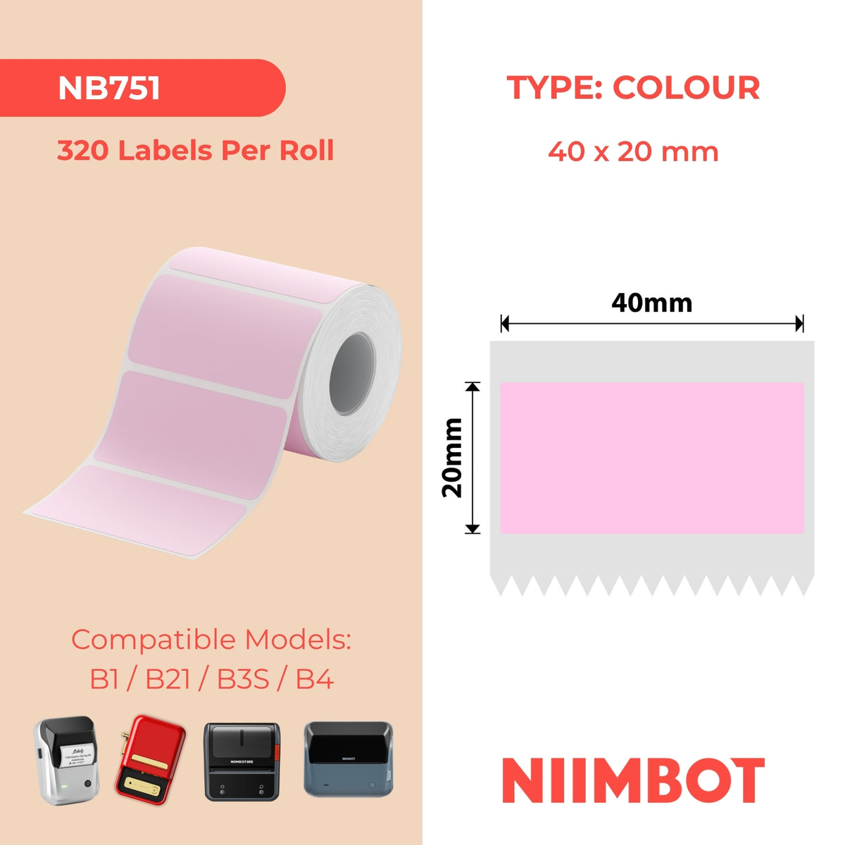NIIMBOT - B Range - 40x20mm - Pink - 320 Labels