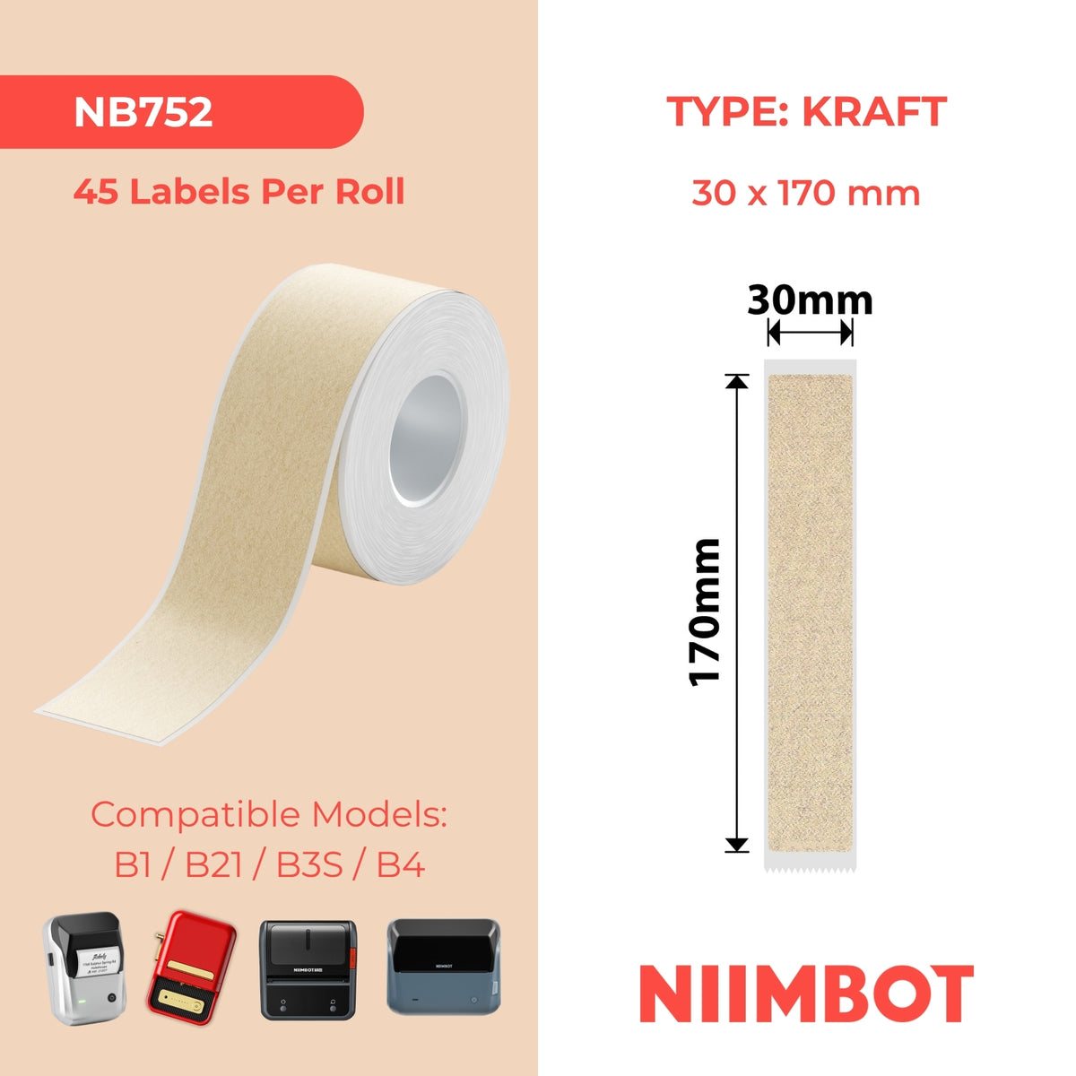 NIIMBOT - B Range - 30x170mm - Kraft File - 45 Labels