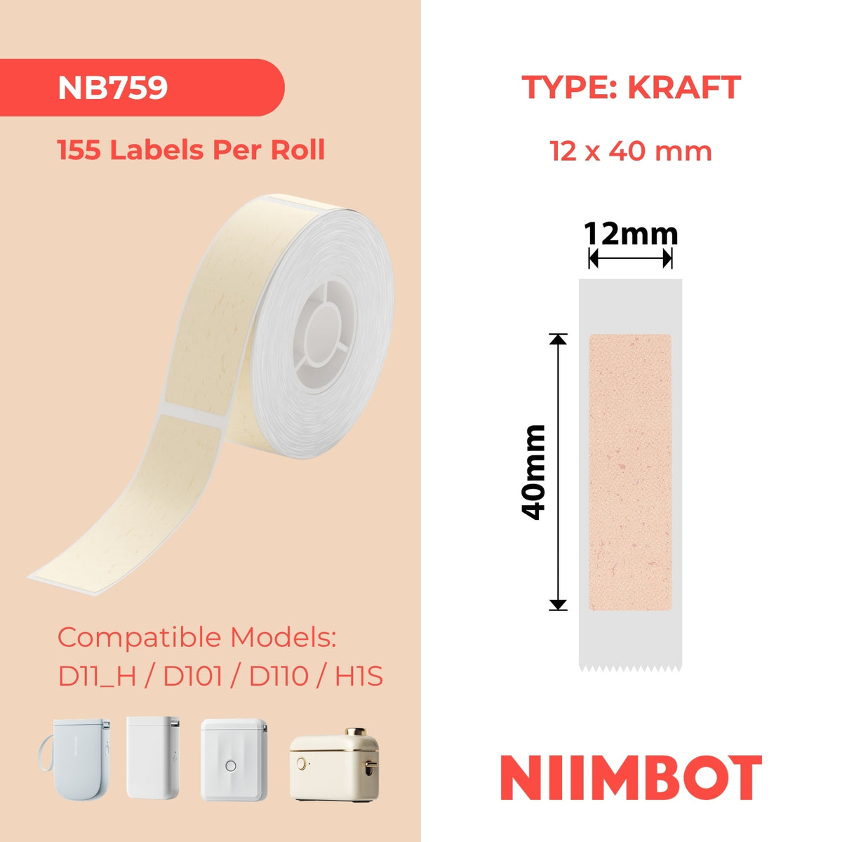 NIIMBOT - D Range - 12x40mm - Kraft - 155 Labels