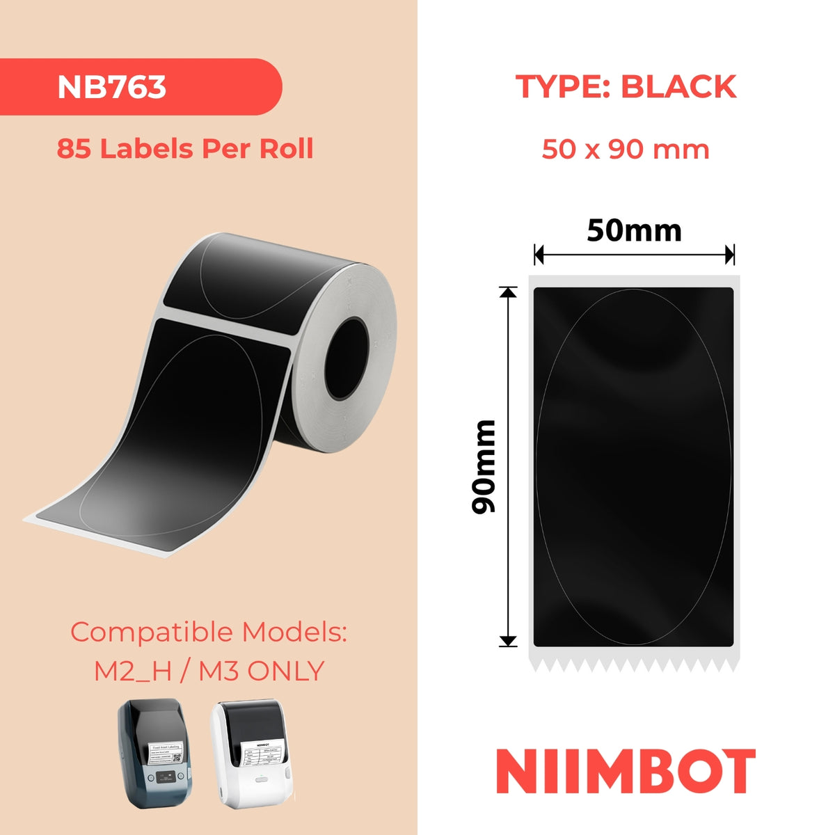 NIIMBOT - M Range - 50x90mm - Black Oval - 85 Labels