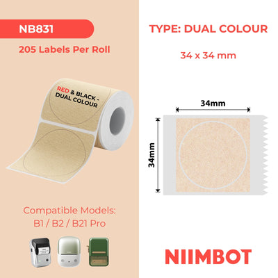 NIIMBOT - B Pro Range - 34x34mm - Kraft Round - Dual Colour - Red & Black Text - 205 Labels