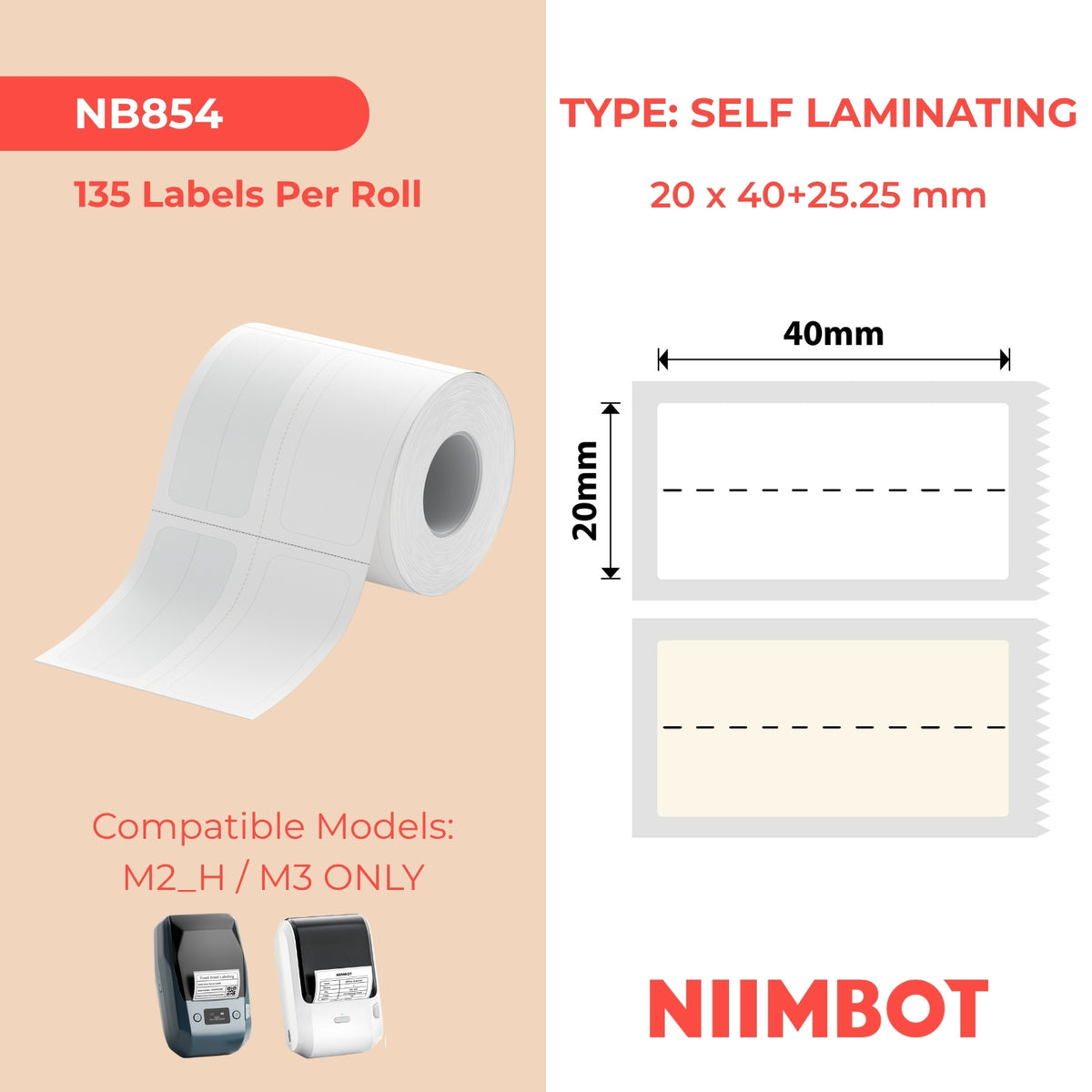 NIIMBOT - M Range - 20x40+25.25mm - White Self Laminating - 135 Labels