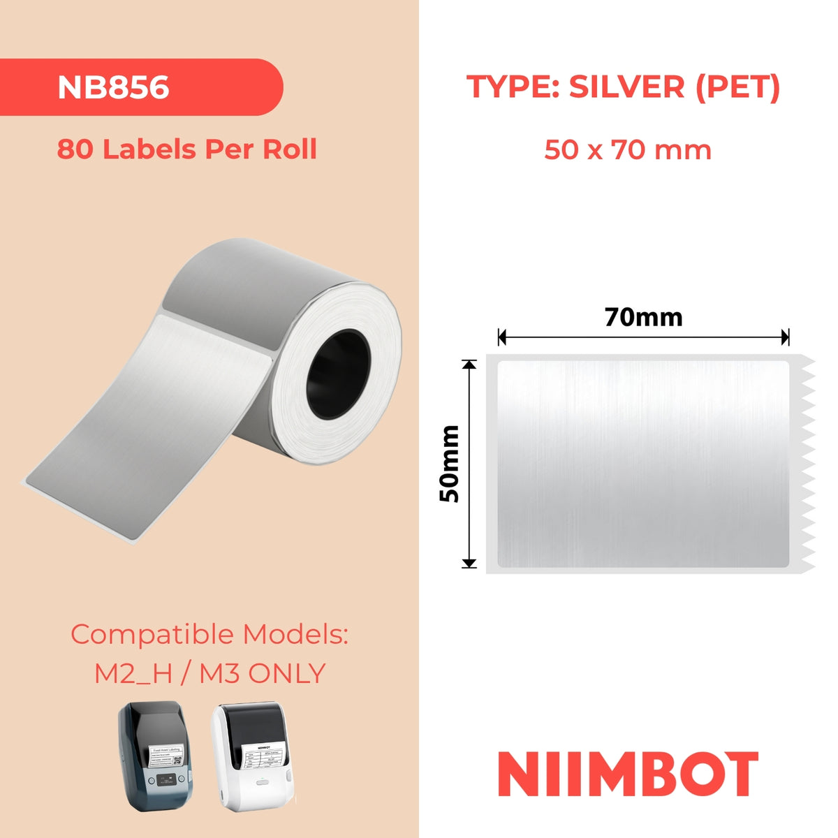 NIIMBOT - M Range - 50x70mm - Brushed Silver - 80 Labels