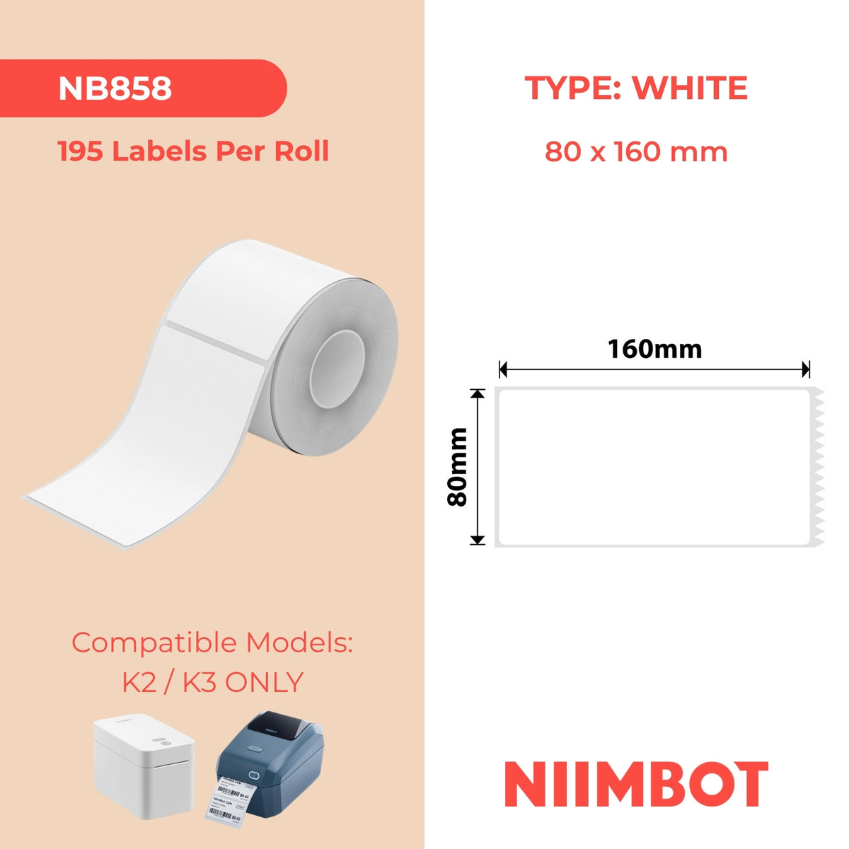 NIIMBOT - K Range - 80x160mm - White - 195 Labels