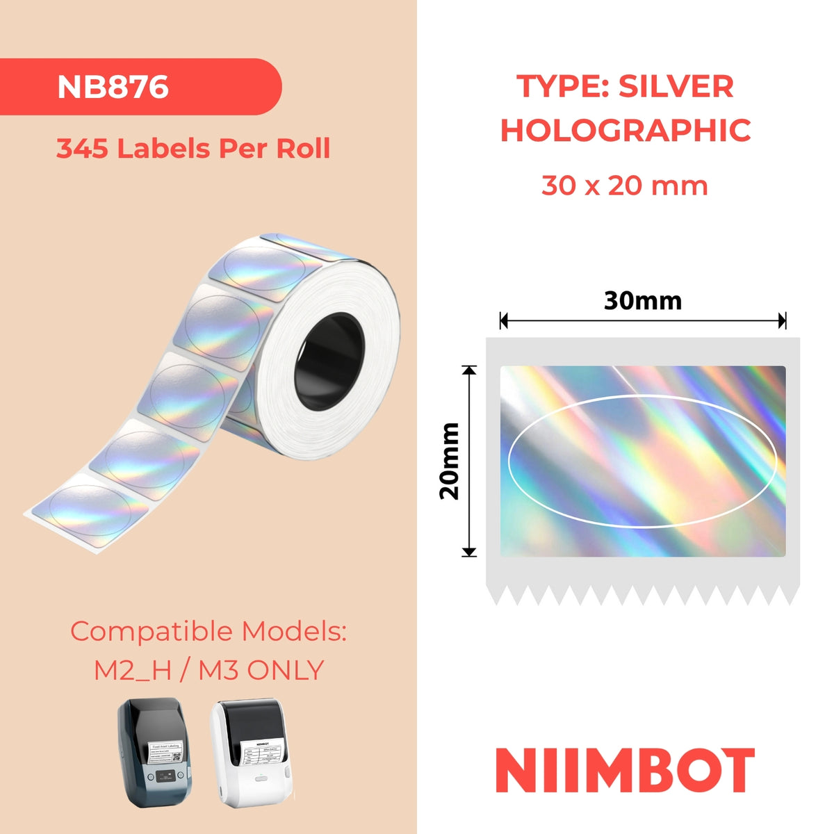 NIIMBOT - M Range - 30x20mm - Silver Laser Holographic Oval - 345 Labels