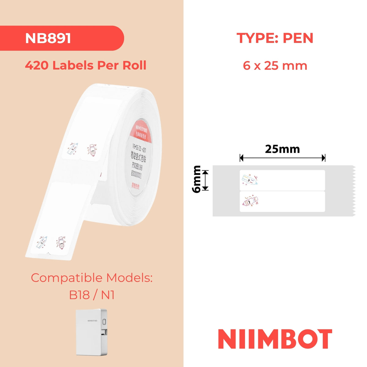 NIIMBOT - N1 - 6x25mm/2L - Fun Vertical Pen Sticker - 420 Labels