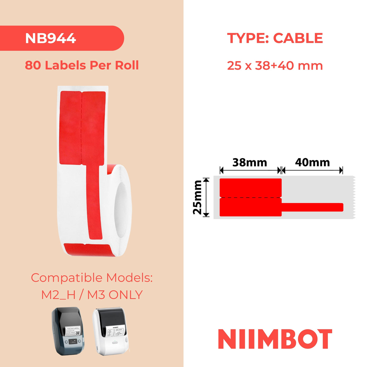 NIIMBOT - M Range - 25x38+40mm - Red Cable - 80 Labels