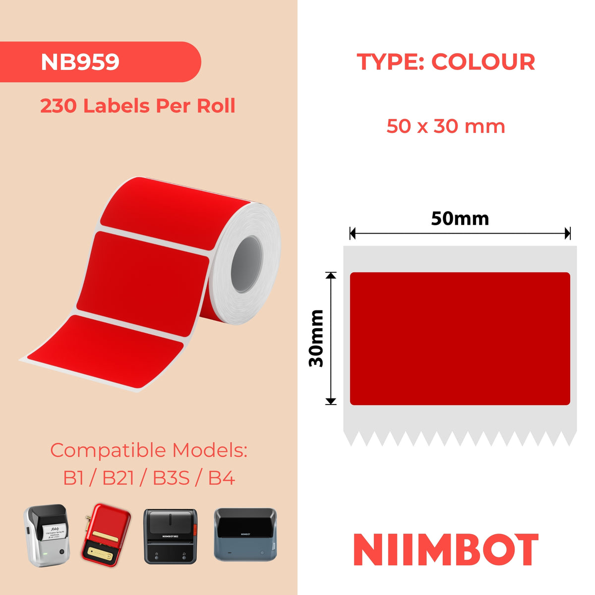 NIIMBOT - B Range - 50x30mm - Red - 230 Labels