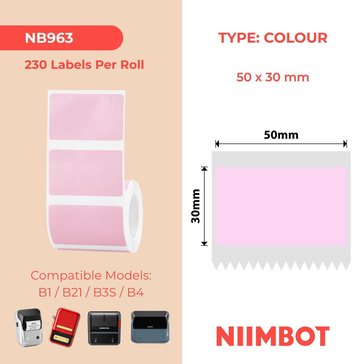 NIIMBOT - B Range - 50x30mm - Light Pink - 230 Labels