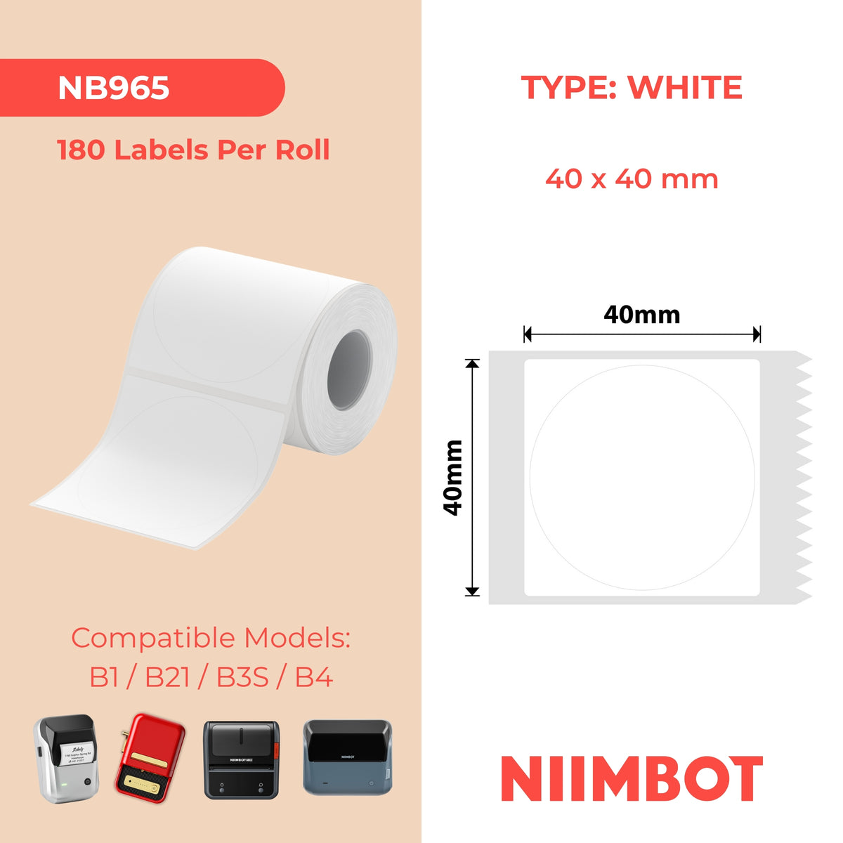 NIIMBOT - B Range - 40x40mm - White Round - 180 Labels