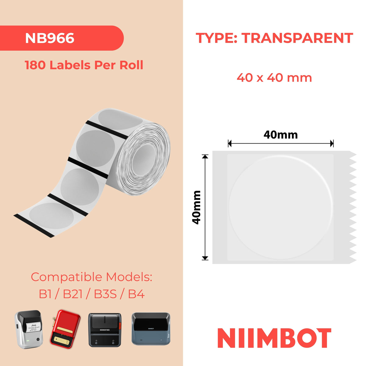 NIIMBOT - B Range - 40x40mm - Transparent - 180 Labels